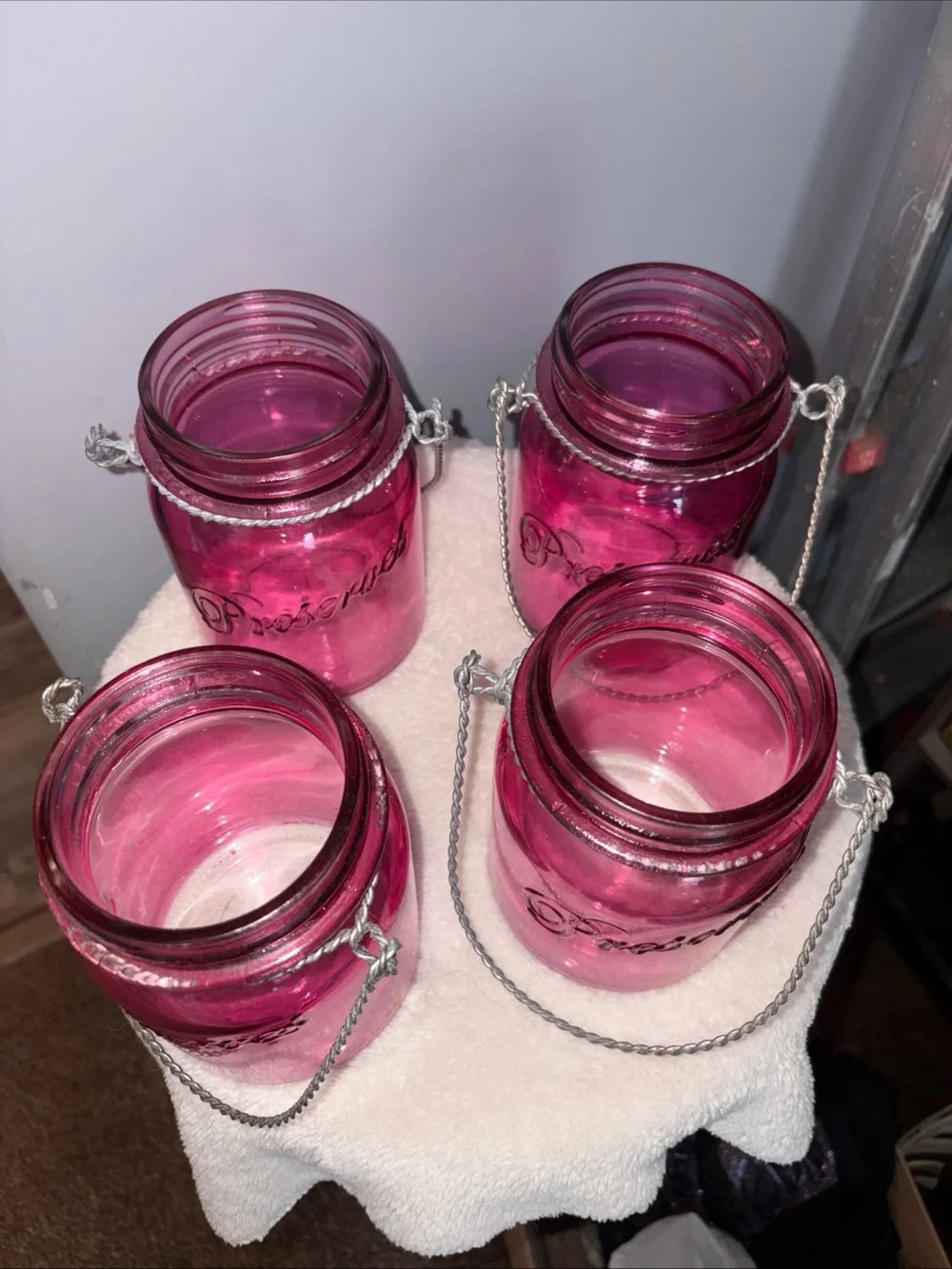 Set of 4 pink mason jar decorative glass vases/candle holders
